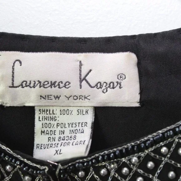 Vintage Laurence Kazar Silk Beaded Embroidered Blazer Jacket Black XL H13428 - Picture 4 of 12